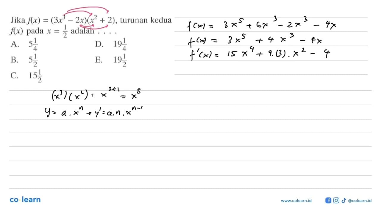 Jika f(x)=(3 x^3-2 x)(x^2+2) , turunan kedua f(x) pada