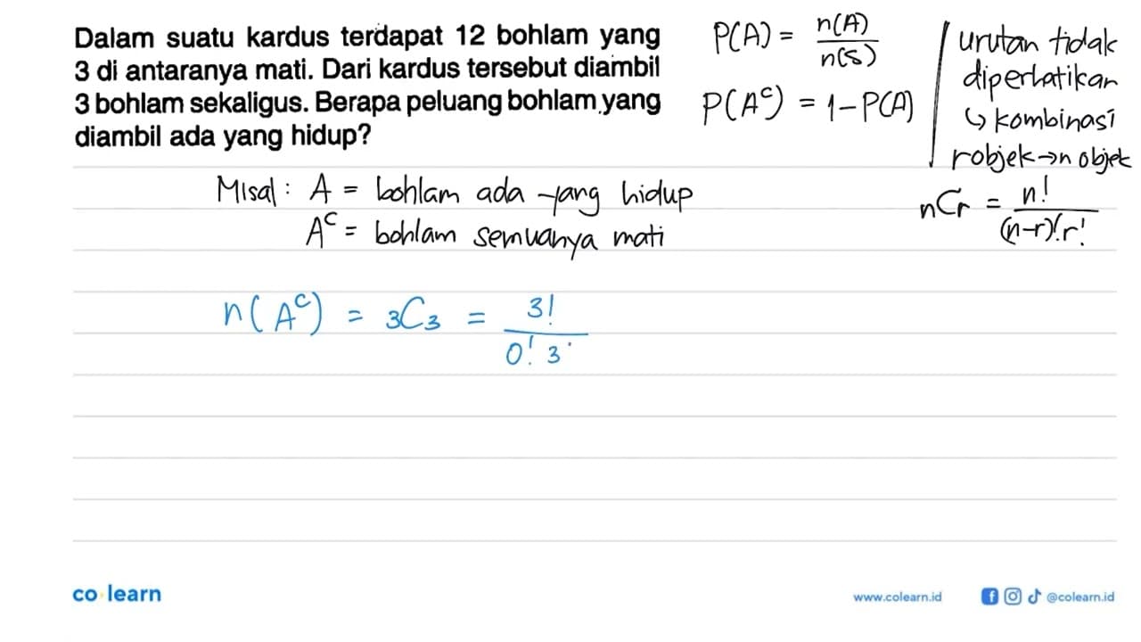 Dalam suatu kardus terdapat 12 bohlam yang 3 di antaranya