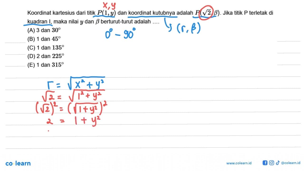 Koordinat kartesius dari titik P(1, y) dan koordinat