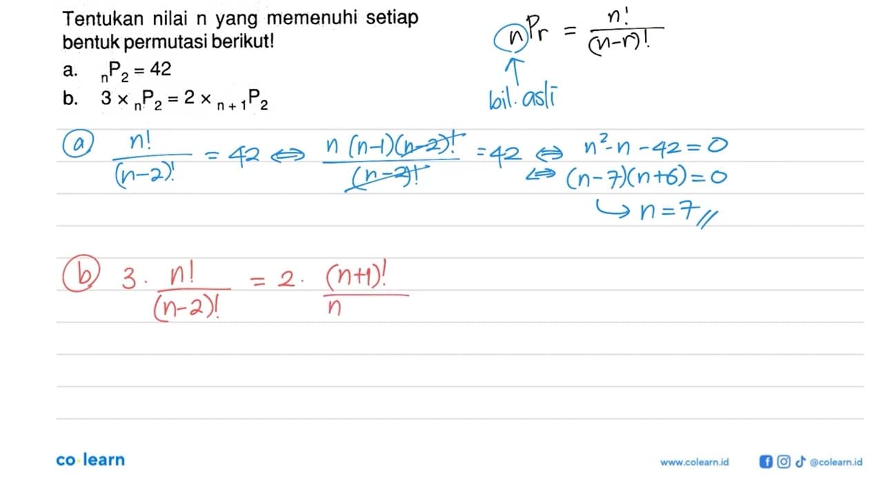 Tentukan nilai n yang memenuhi setiap bentuk permutasi