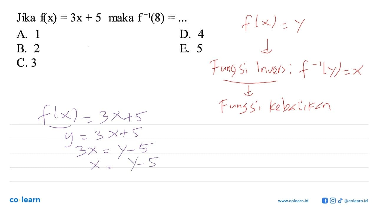 Jika f(x)=3x+5 maka f^(-1)(8)=...