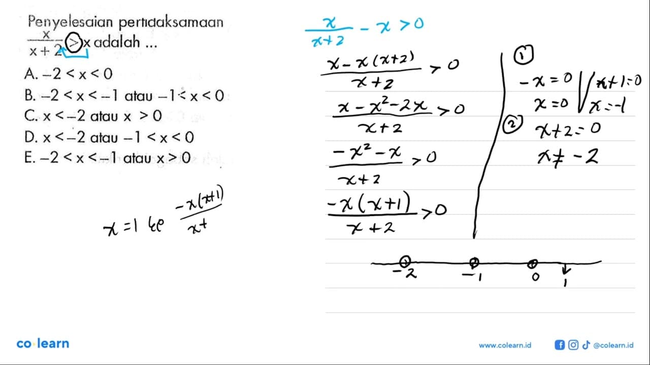 Penyelesaian pertidaksamaan x/(x+2)>x adalah ....