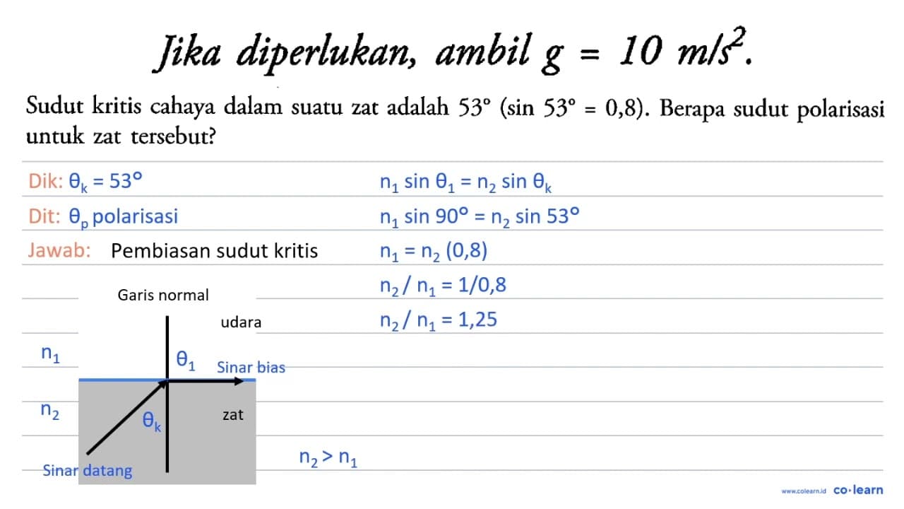 Jika diperlukan, ambil g=10 m / s^(2) . Sudut kritis cahaya