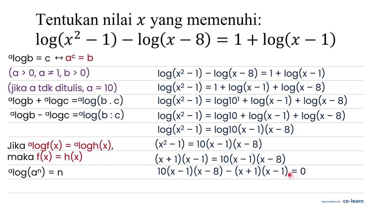 Tentukan nilai x yang memenuhi: log (x^(2)-1)-log