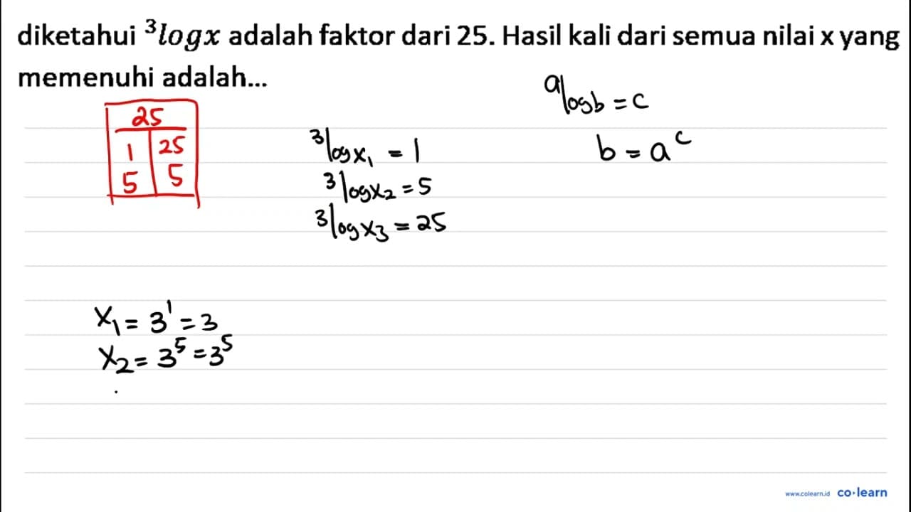 Diketahui 3logx adalah faktor dari 25. Hasil kali dari