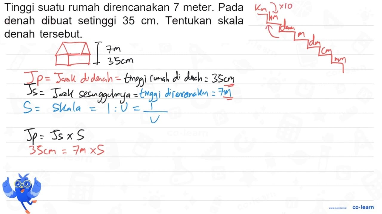 Tinggi suatu rumah direncanakan 7 meter. Pada denah dibuat