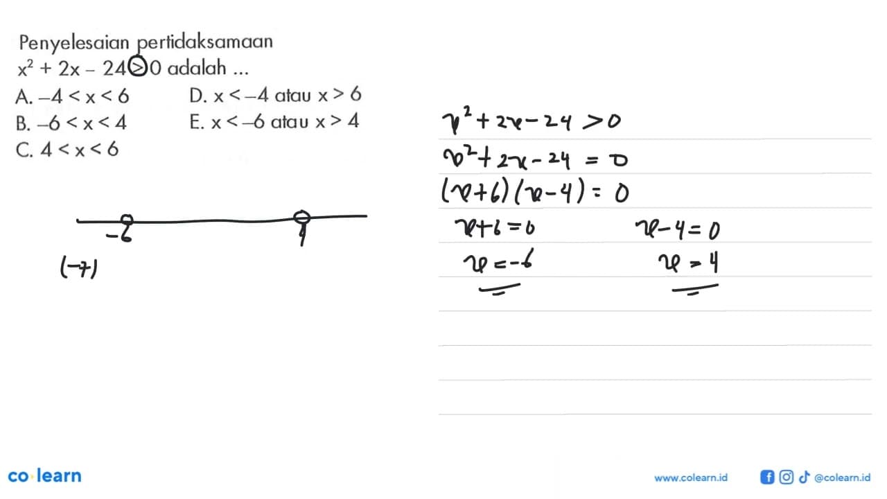 Penyelesaian pertidaksamaan x^2+2x-24>0 adalah ...