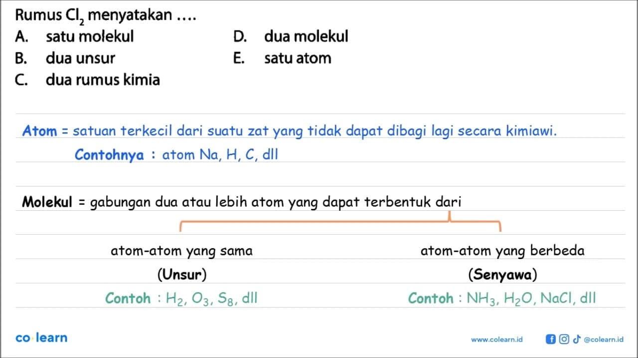 Rumus Cl2 menyatakan .... A. satu molekul B. dua unsur C.