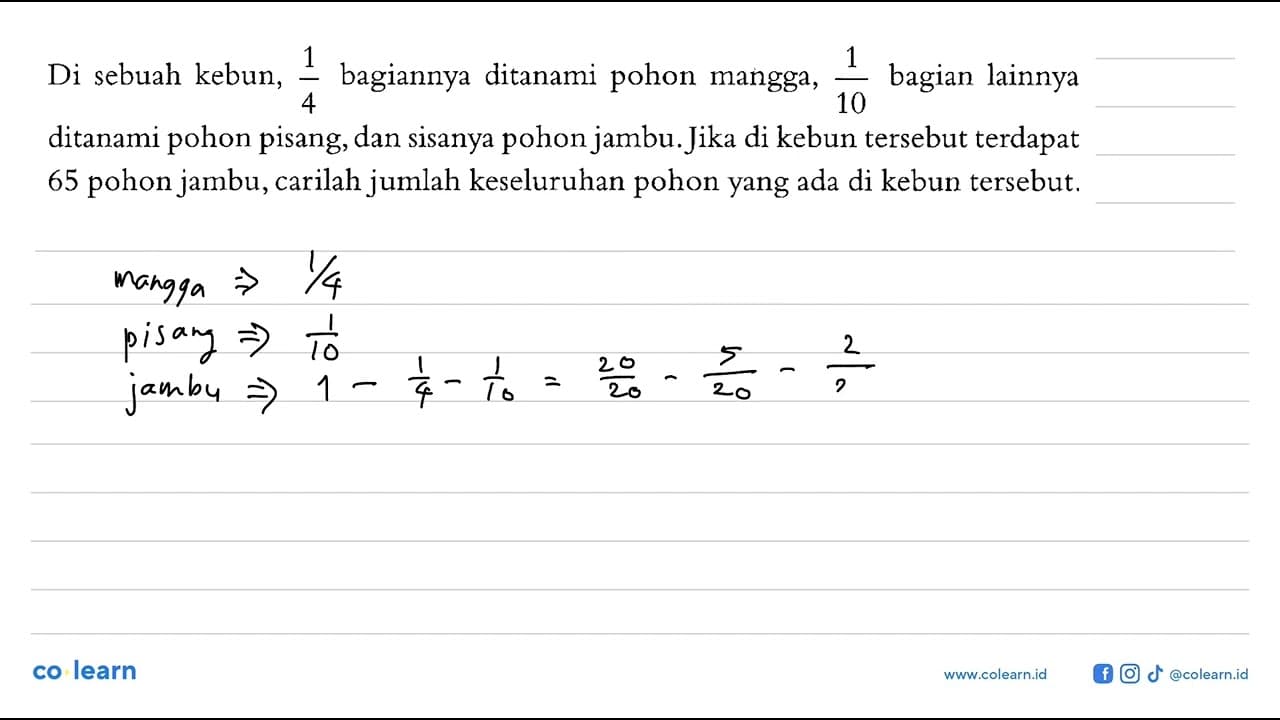 Di sebuah kebun, 1/4 bagiannya ditanami pohon mangga, 1/10