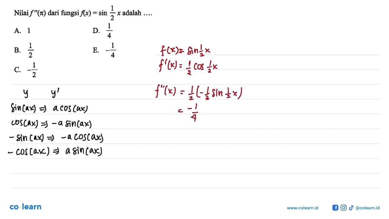 Nilai f"(pi) dari fungsi f(x) = sin (1x/2) adalah