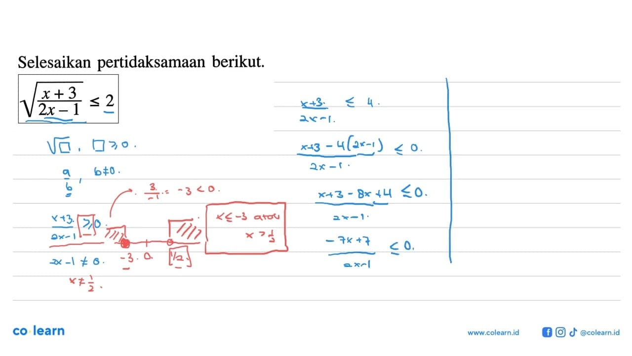 Selesaikan pertidaksamaan berikut. akar((x+3)/(2x-1))<=2