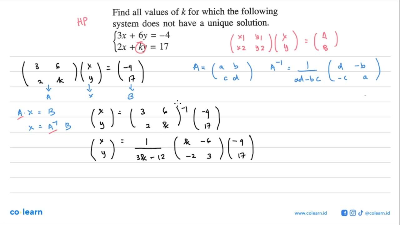 Find all values of k for which the following system does