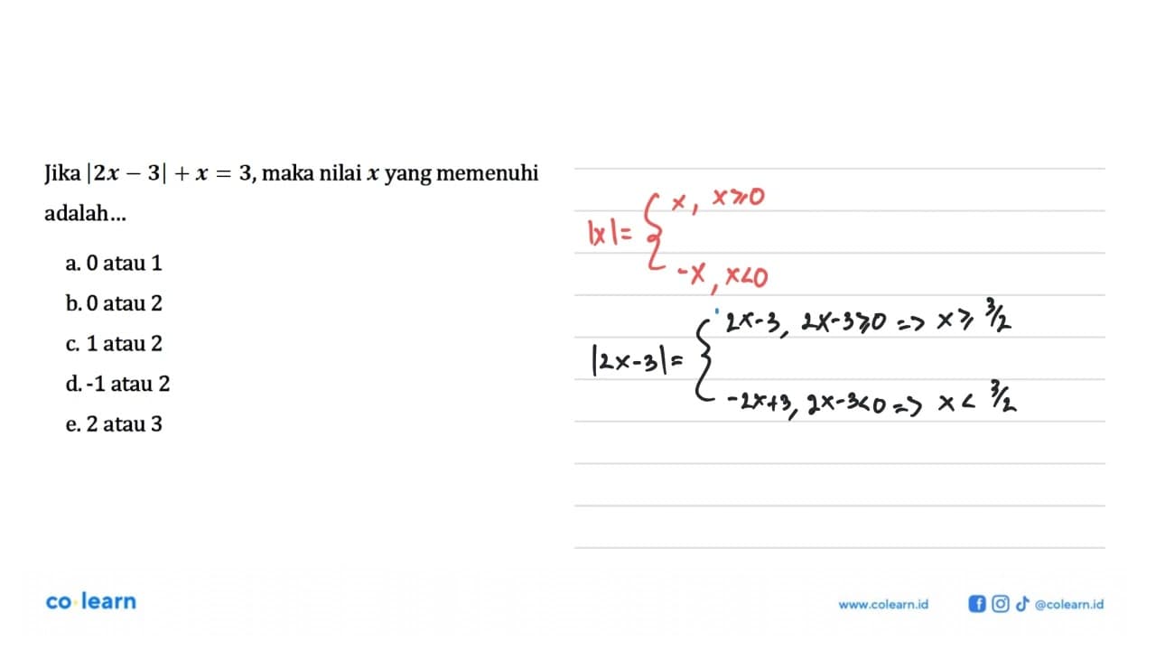 Jika |2x+3|+x=3, maka nilai x yang memenuhi adalah ....