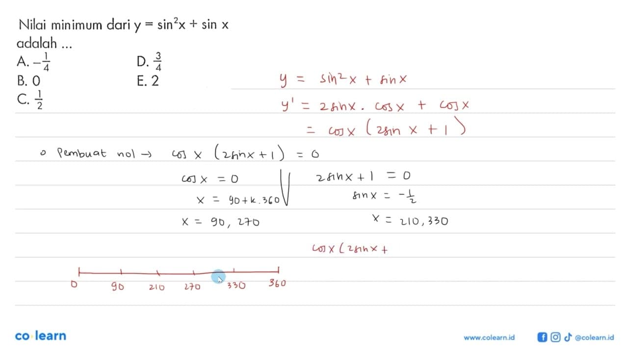 Nilai minimum dari y=sin^2 x+sin x adalah ...