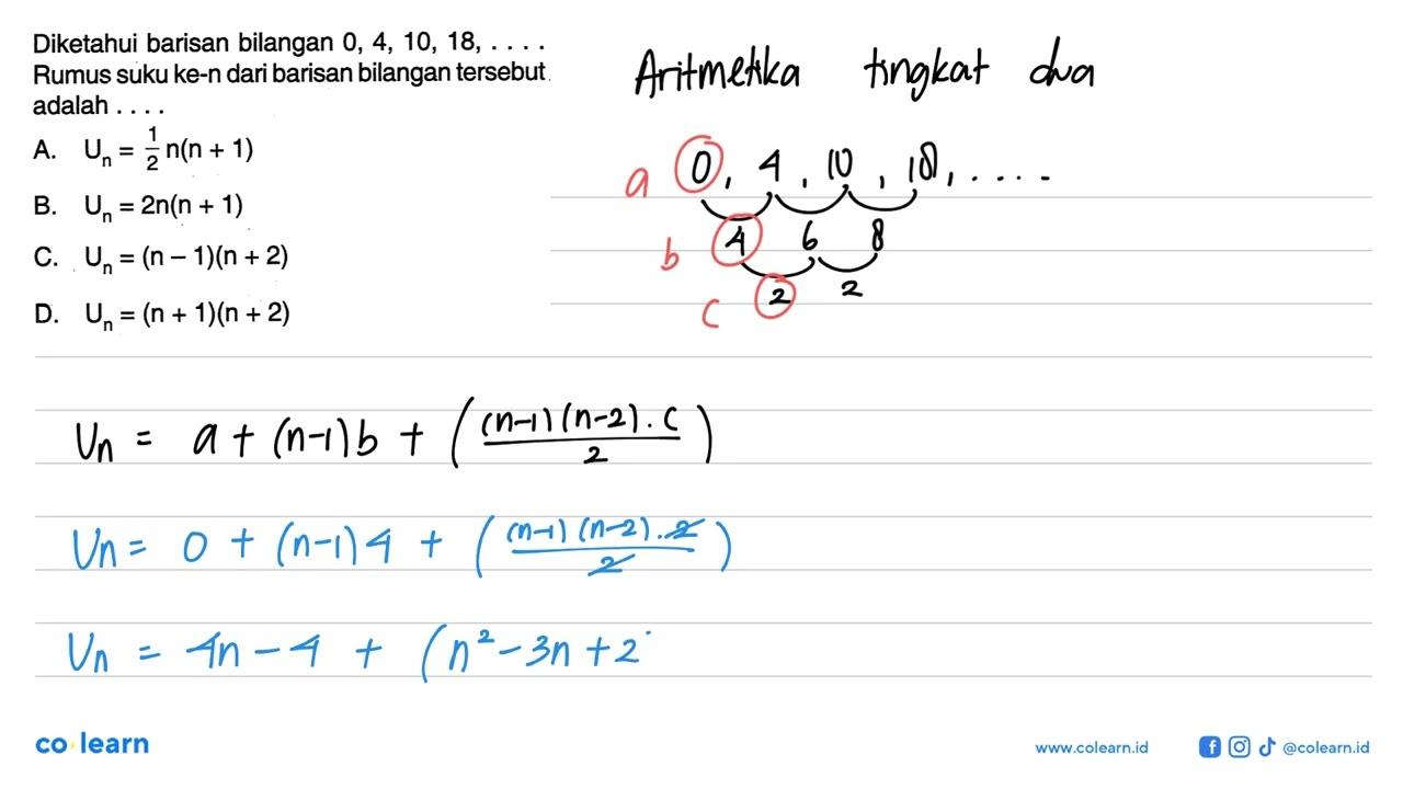 Diketahui barisan bilangan 0, 4, 10, 18, . . . . Rumus suku