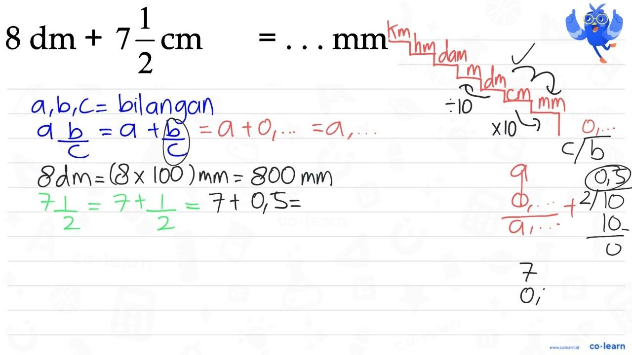 8 dm+7 (1)/(2) cm=... mm