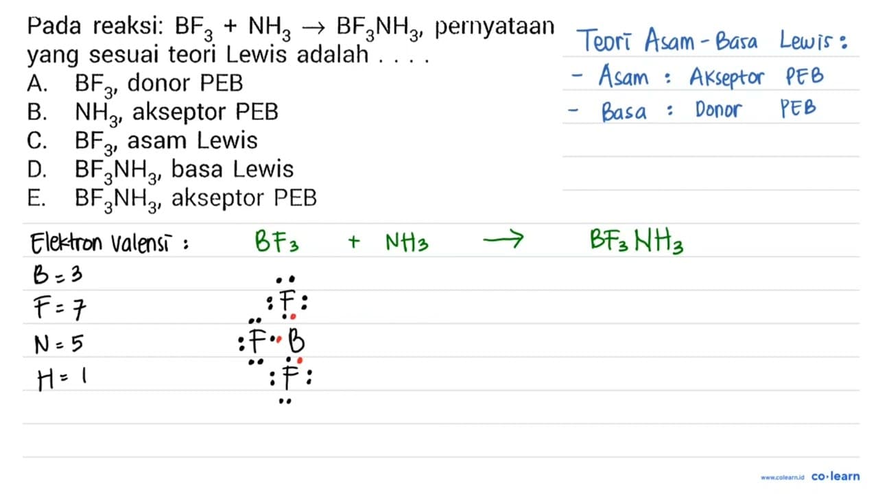 Pada reaksi: BF3 + NH3 - > BF3NH3, pernyataan yang sesuai