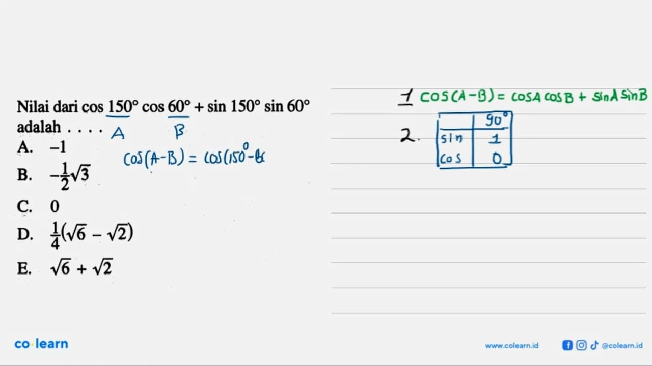 Nilai dari cos 150 cos 60+sin 150 sin 60 adalah ...