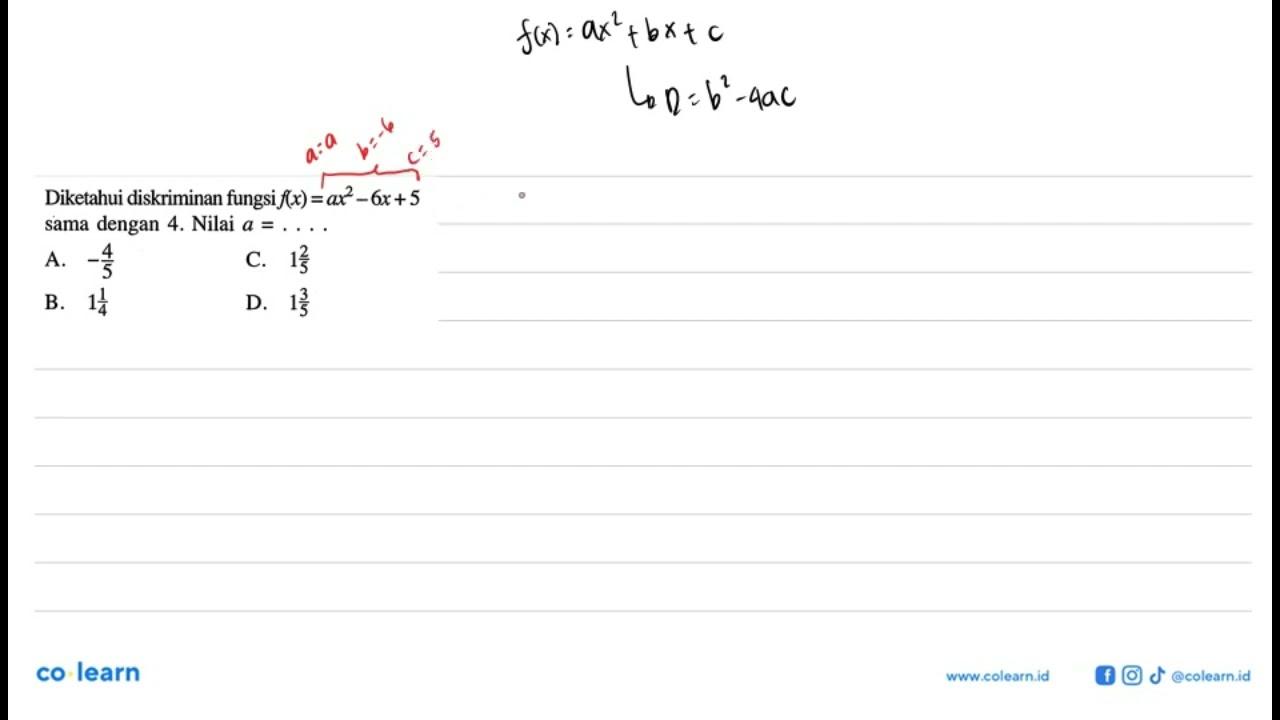 Diketahui diakriminan fungsi f(x) = ax^2 - 6x + 5 sama