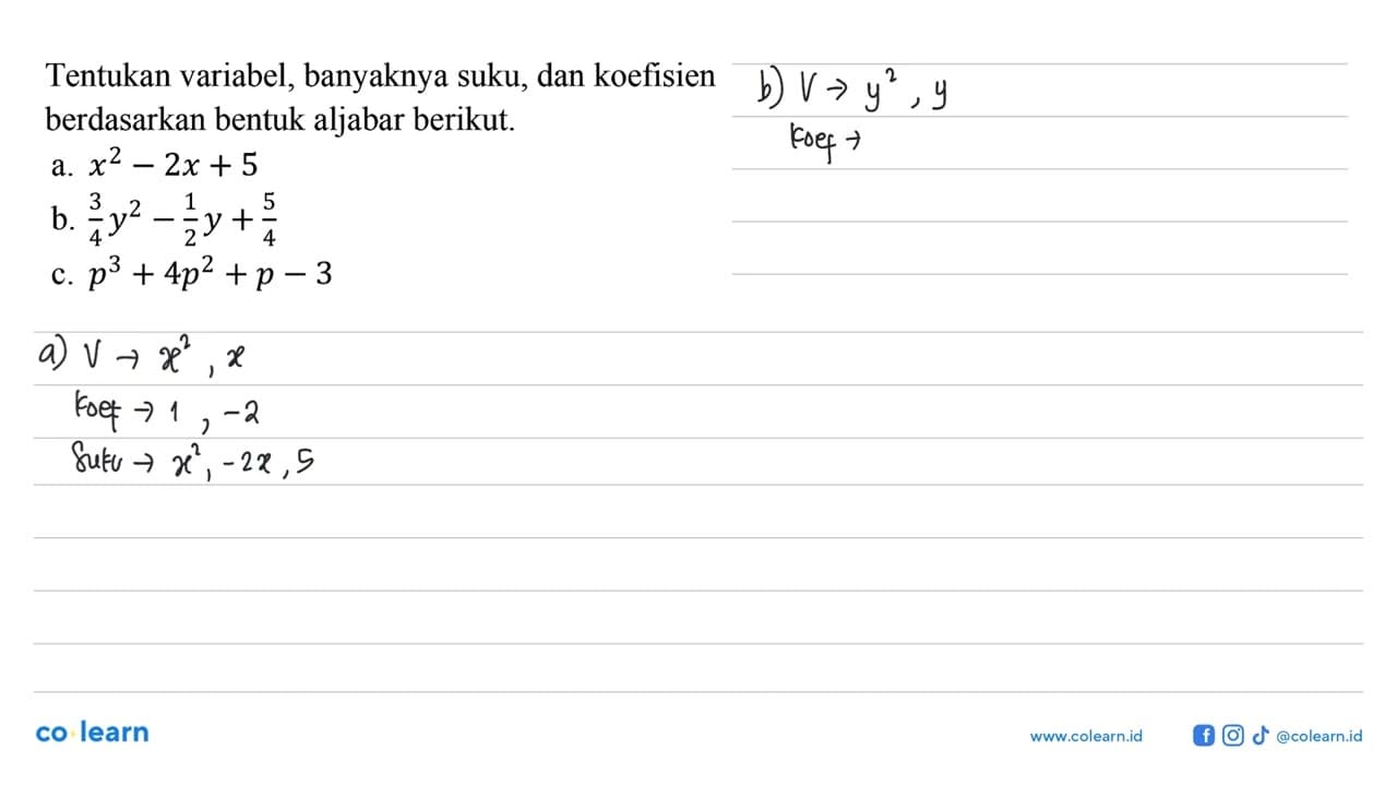 Tentukan variabel, banyaknya suku, dan koefisien