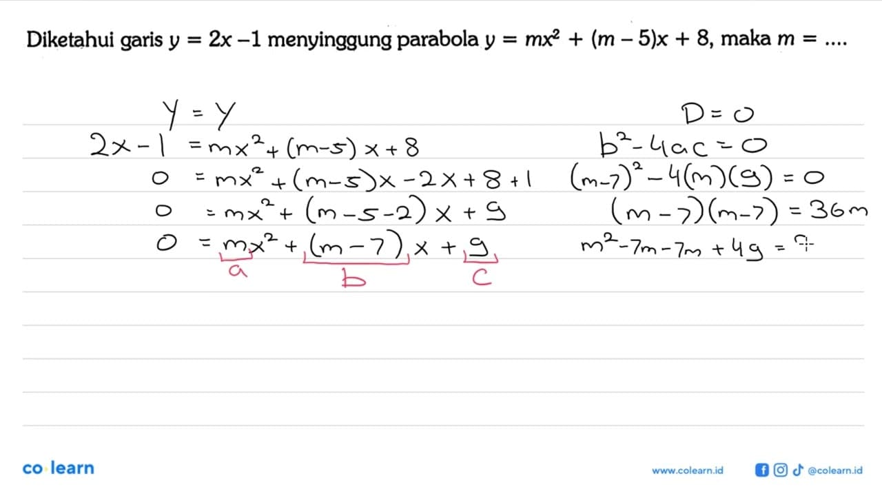 Diketahui garis y=2x-1 menyinggung parabola