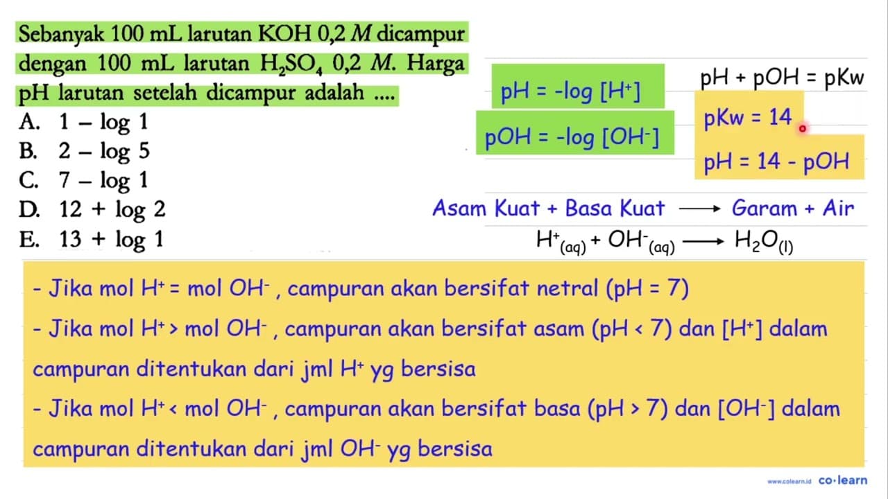 Sebanyak 100 mL larutan KOH 0,2 M dicampur dengan 100 mL