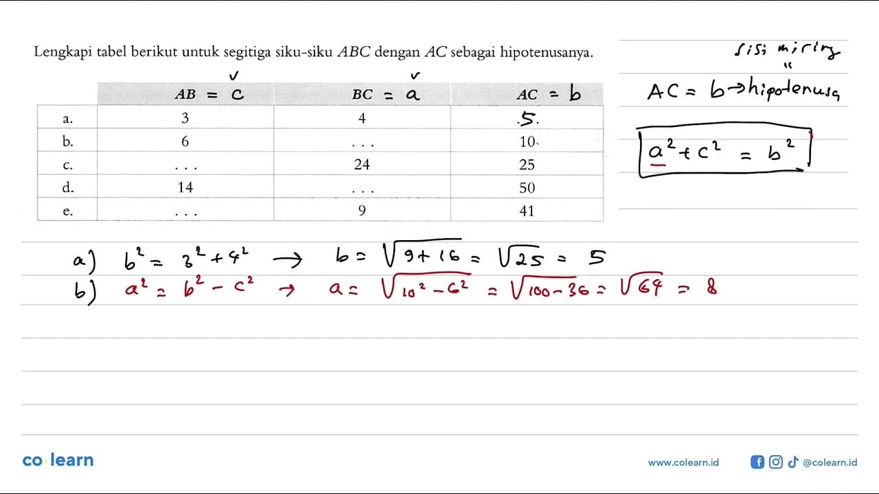 Lengkapi tabel berikut untuk segitiga siku-siku ABC dengan