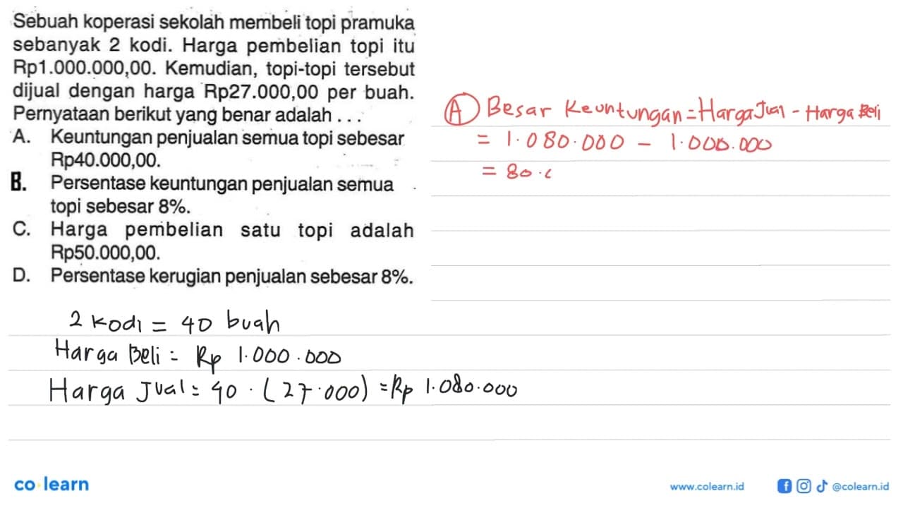 Sebuah koperasi sekolah membeli topi pramuka sebanyak 2