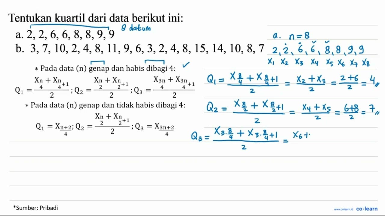 Tentukan kuartil dari data berikut ini: a. 2,2,6,6,8,8,9,9