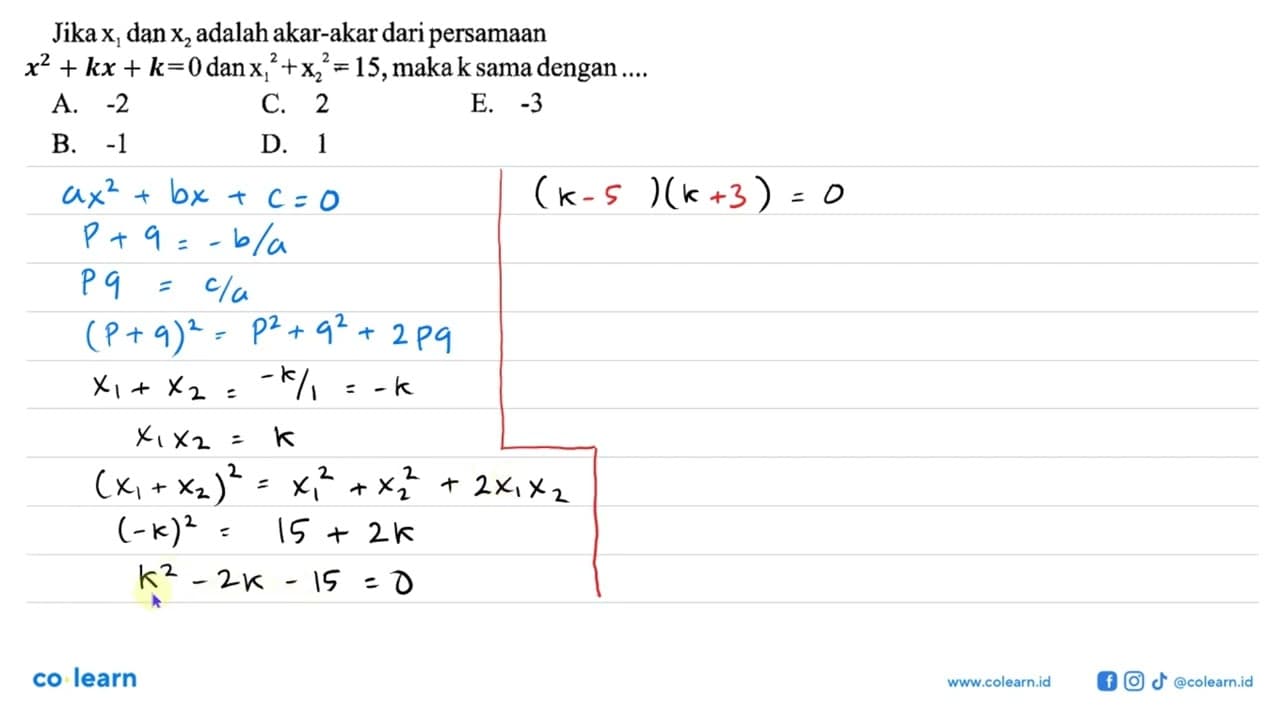 Jika x1 dan x2 adalah akar-akar dari persamaan x^2 + ky + k