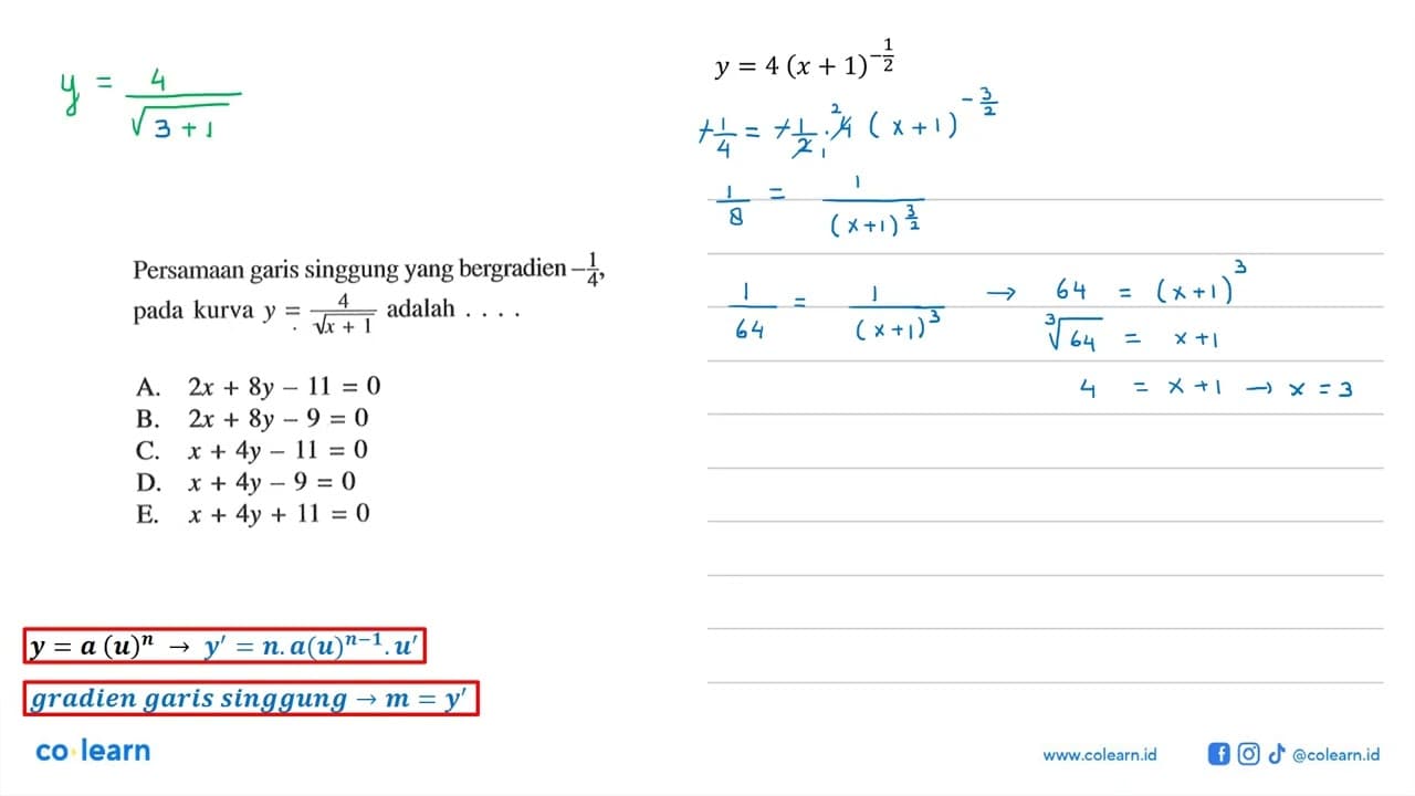 Persamaan garis singgung yang bergradien -1/4, pada kurva