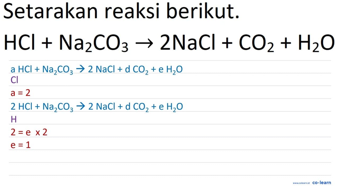 Setarakan reaksi berikut. HCl+Na_(2) CO_(3) -> 2