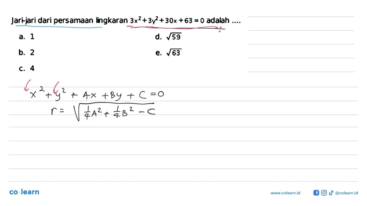 Jari-jari dari persamaan lingkaran 3x^2+3y^2+30x+63=0