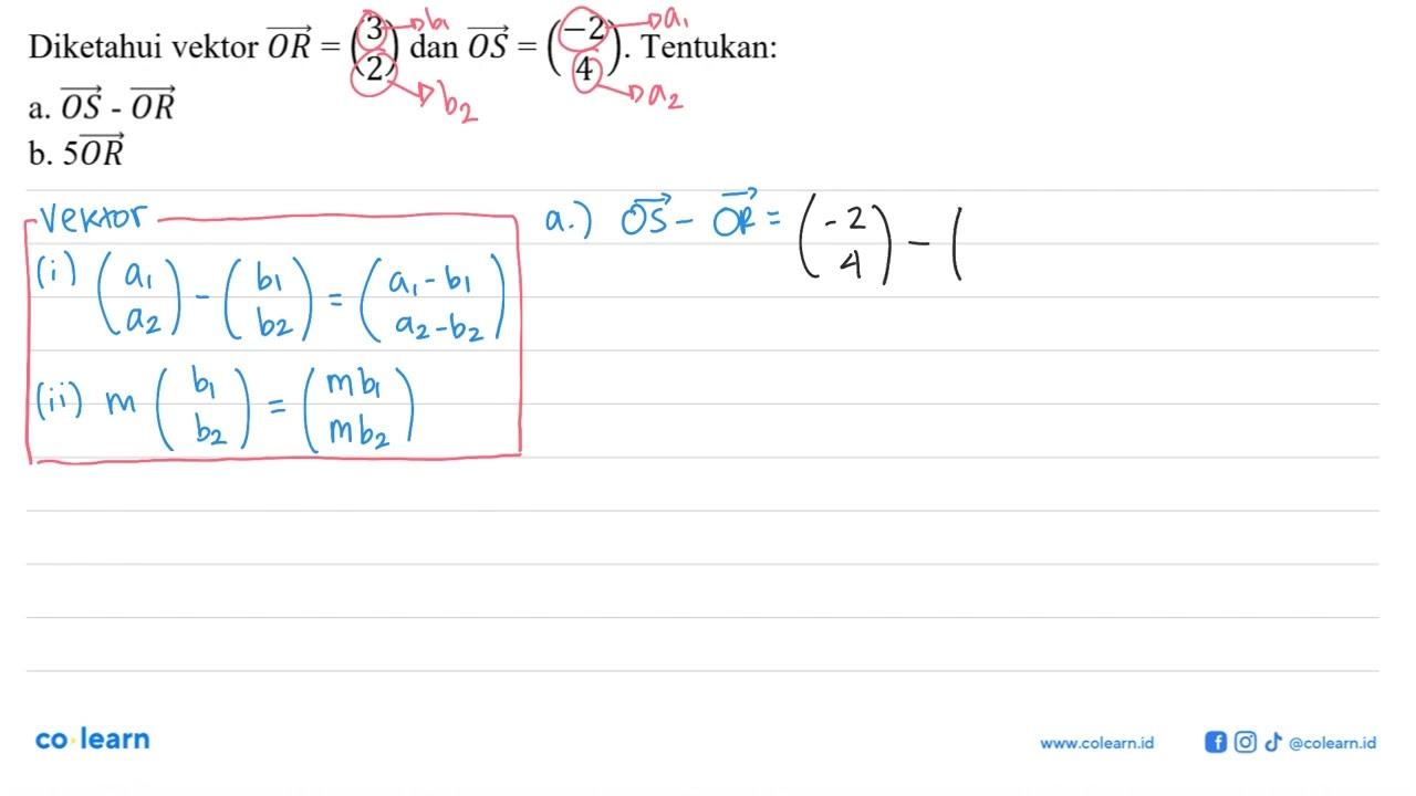 Diketahui vektor OR = (3 2) dan vektor OS = (-2 4).