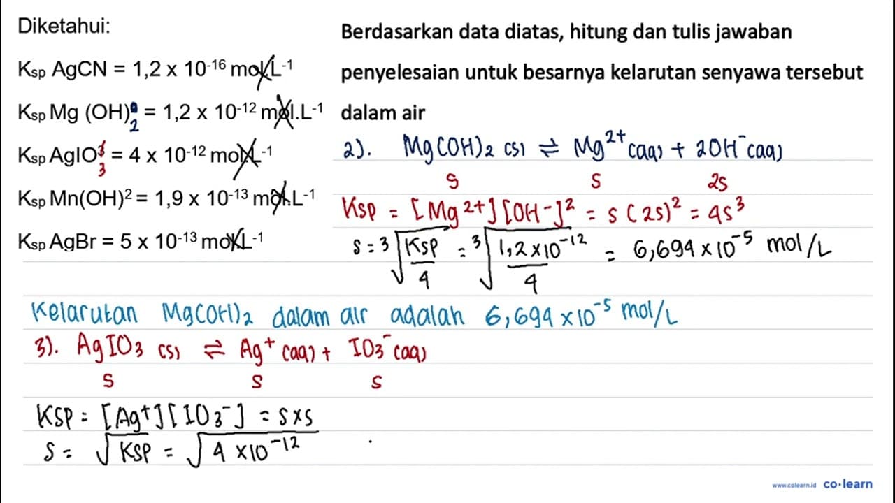 Diketahui: K(sp) AgCN=1,2 x 10^(-16) mol . L^(-1) K(sp)