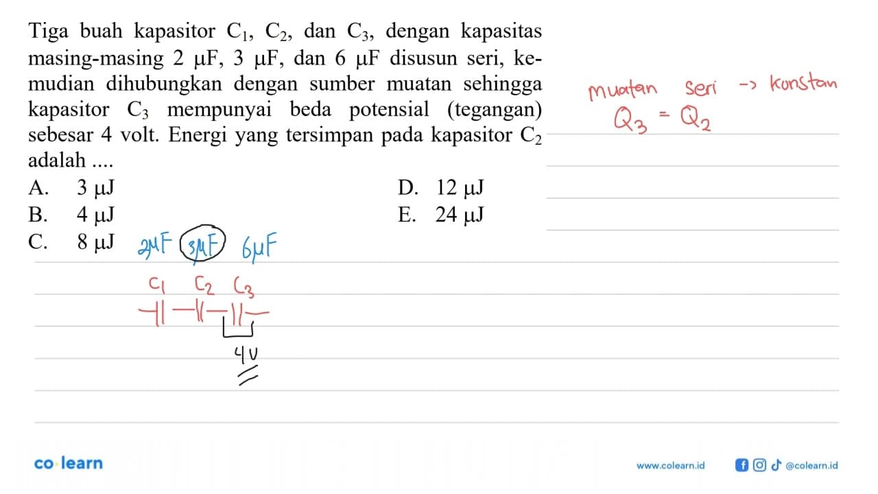 Tiga buah kapasitor C1, C2, dan C3, dengan kapasitas