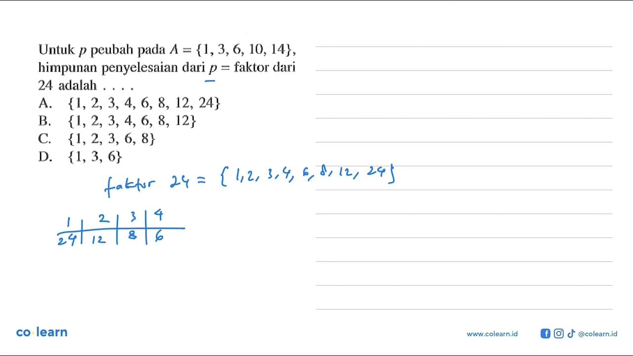 Untuk p peubah pada A = {1, 3, 6, 10, 14}, himpunan