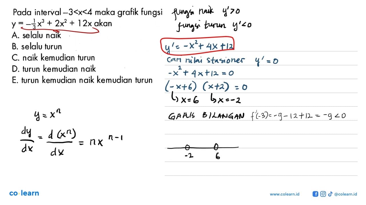 Pada interval -3<x<4 maka grafik fungsi y=-1/3x^3+2x^2+12x