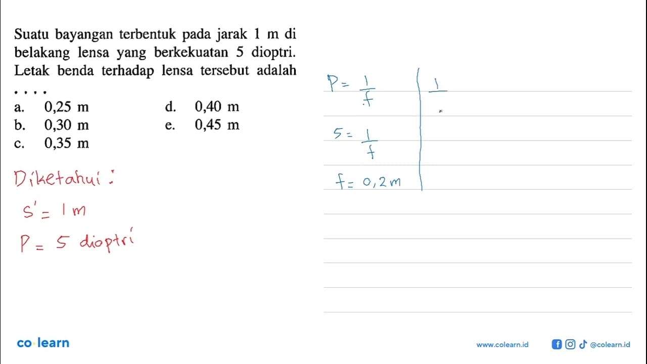 Suatu bayangan terbentuk pada jarak 1 m di belakang lensa