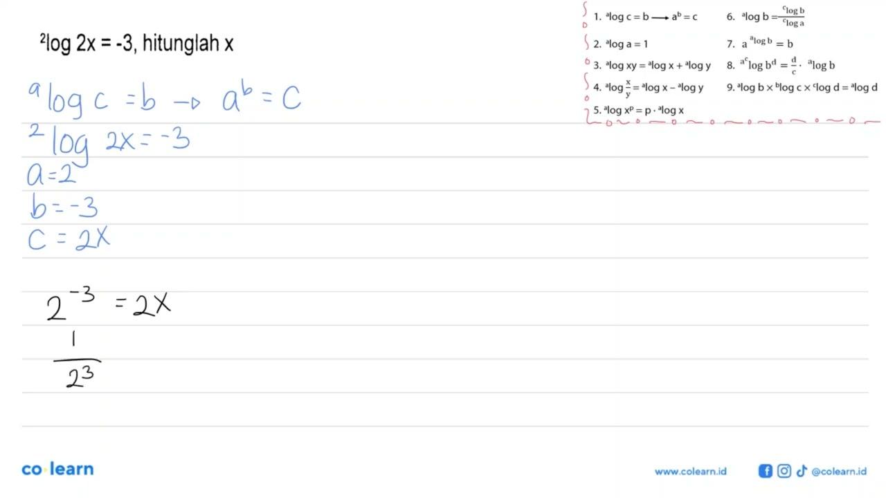 2log(2x)=-3, hitunglah x