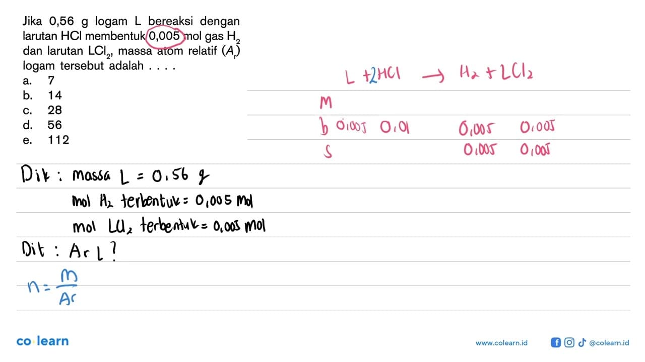Jika 0,56 g logam L bereaksi dengan larutan HCI membentuk