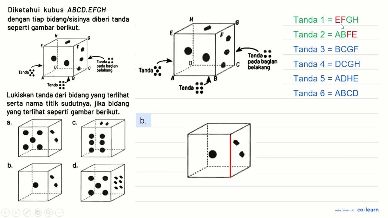 Diketahui kubus ABCD.EFGH dengan tiap bidang/sisinya diberi