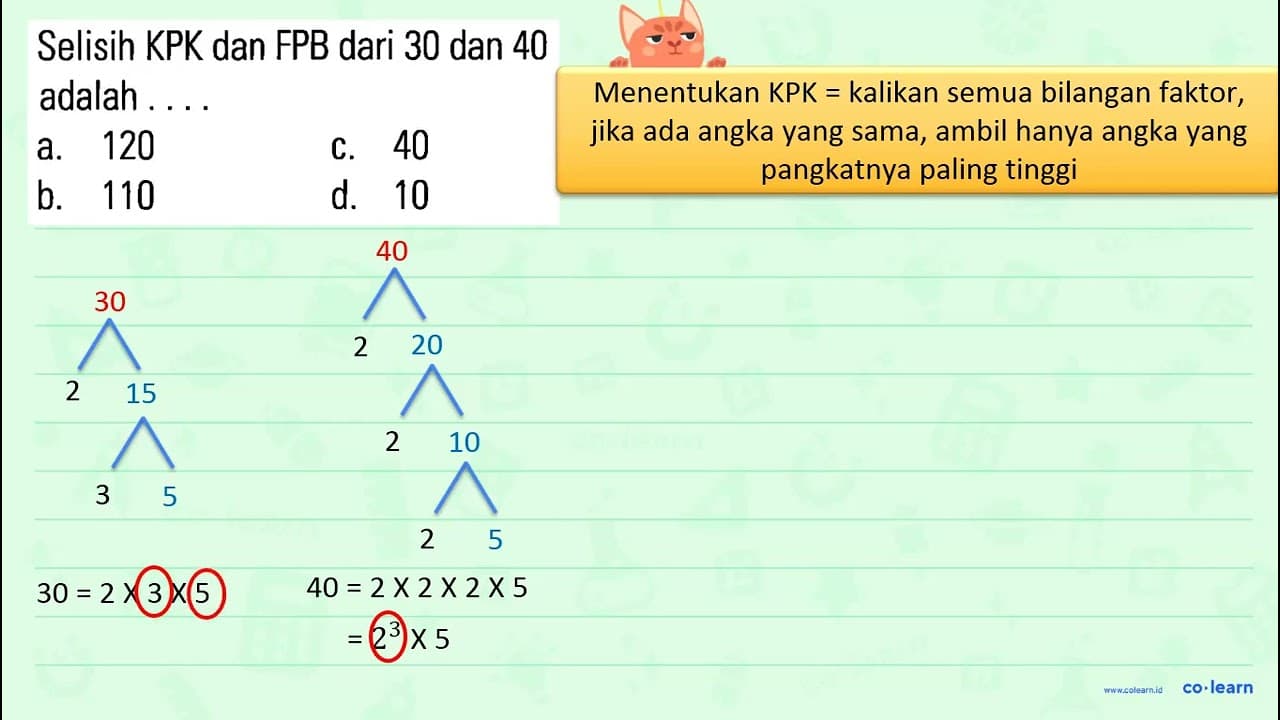 Selisih KPK dan FPB dari 30 dan 40 adalah . . . .