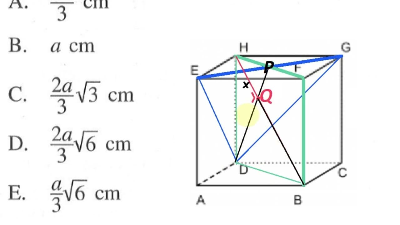 Kubus ABCD.EFGH mempunyai panjang rusuk a akar(2) cm. Jarak