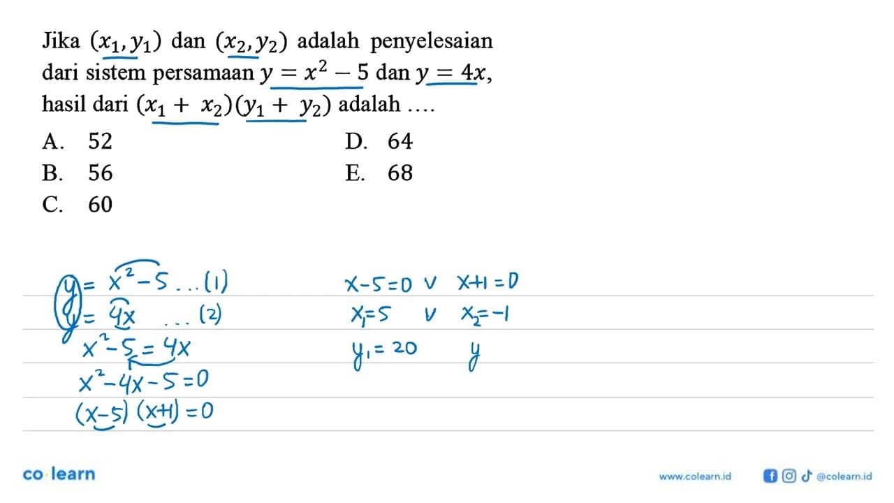 Jika (x1, y1) dan (x2, y2) adalah penyelesaian dari sistem