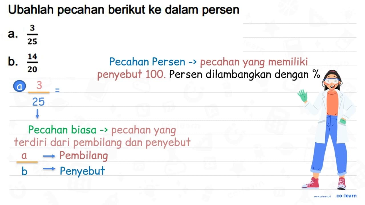 Ubahlah pecahan berikut ke dalam persen a. (3)/(25) b.