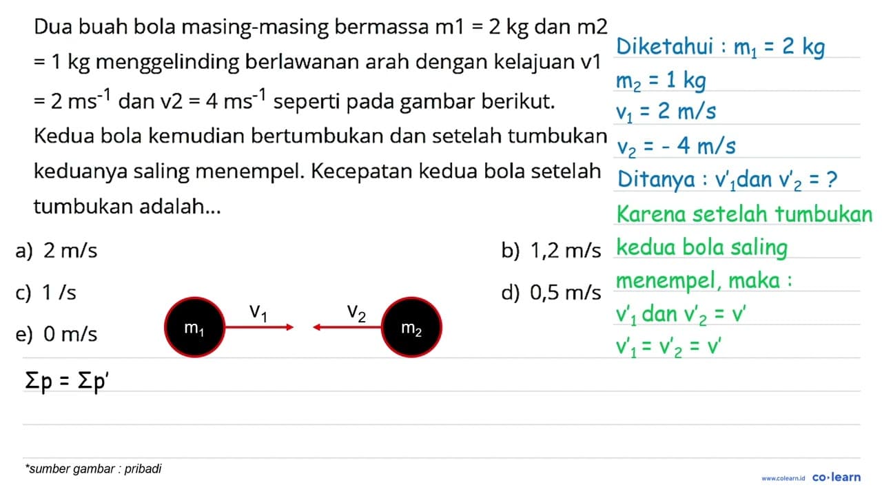 Dua buah bola masing-masing bermassa m 1=2 kg dan m 2 =1 kg