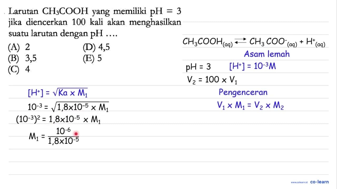 Larutan CH3COOH yang memiliki pH=3 jika diencerkan 100 kali