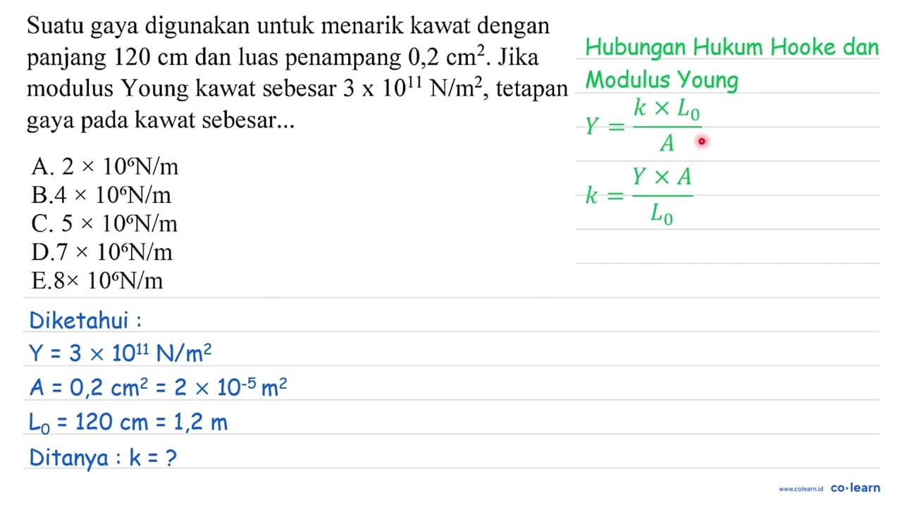 Suatu gaya digunakan untuk menarik kawat dengan panjang 120