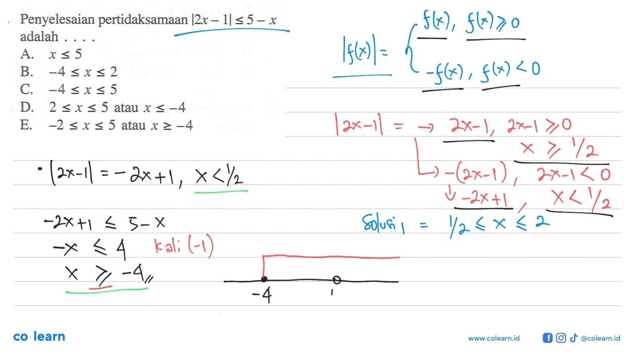 Penyelesaian pertidaksamaan |2x-1|<=5-x adalah . . . .